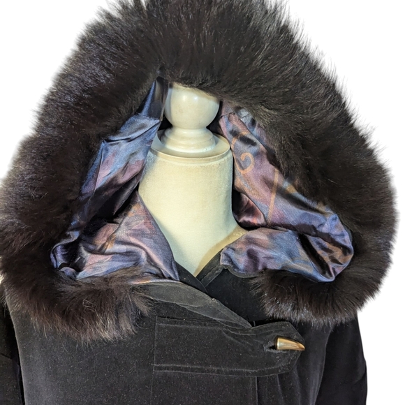 Vtg Braefair Black Velvet Real Fox Fur Trimmed Hooded Bomber Jacket Sz L - Picture 2 of 10